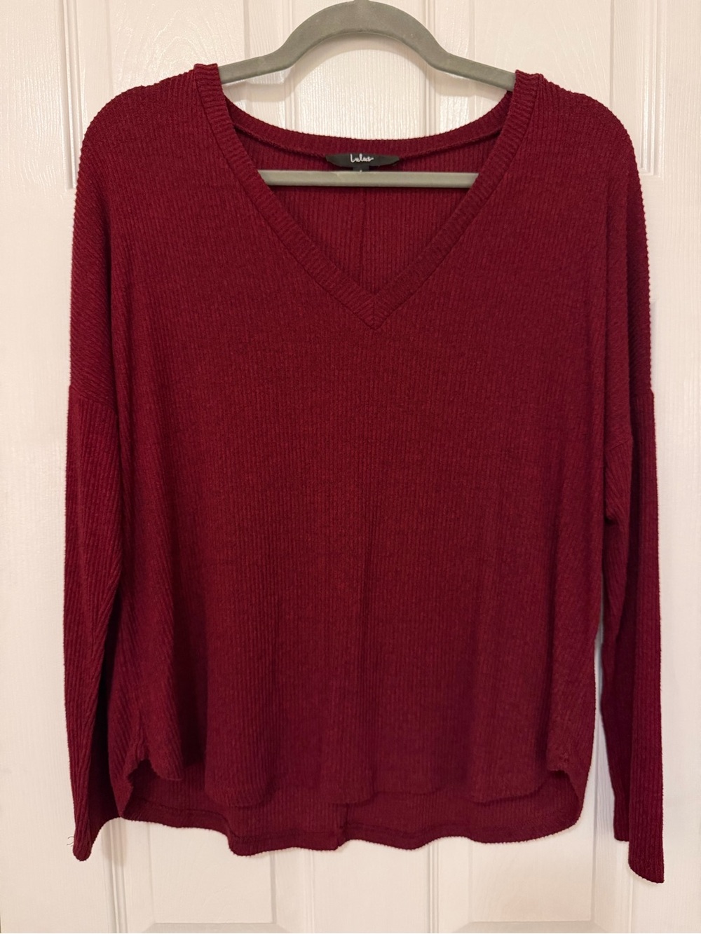 Lulus Just Vibing red wine ribbed V-neck sweater